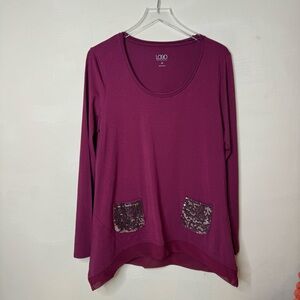 LOGO by Lori Goldstein Maroon Tunic Top Shirt Sequined Pockets size medium